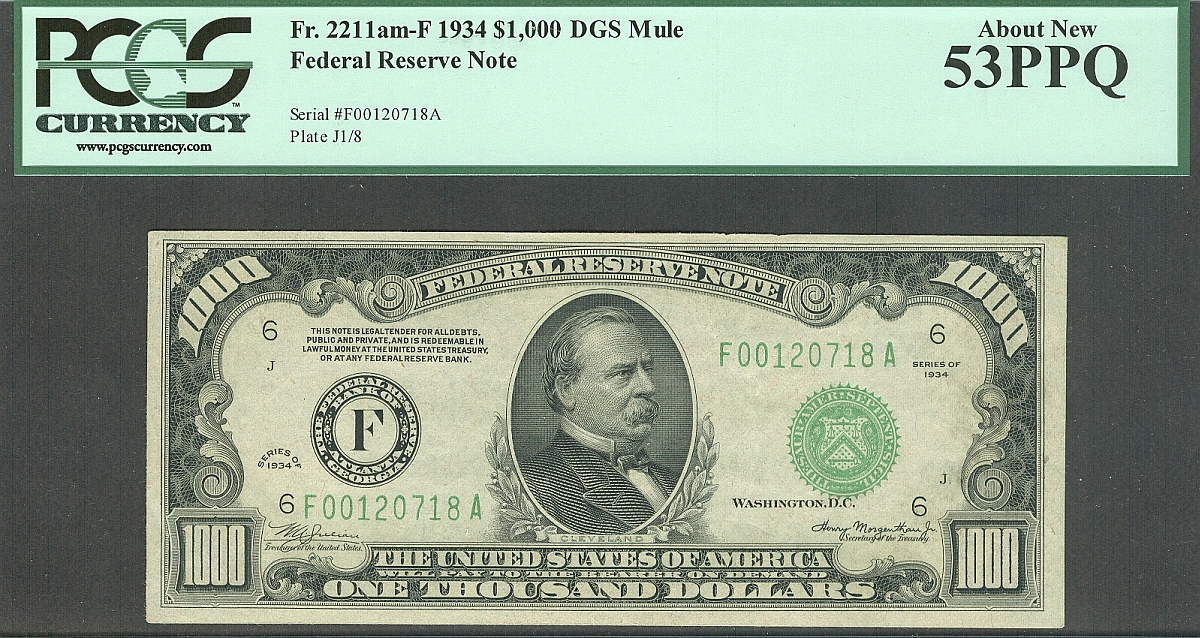 Fr.2211am-F, DGS 1934 $1000 Atlanta Mule Federal Reserve Note, AU, PCGS53-PPQ